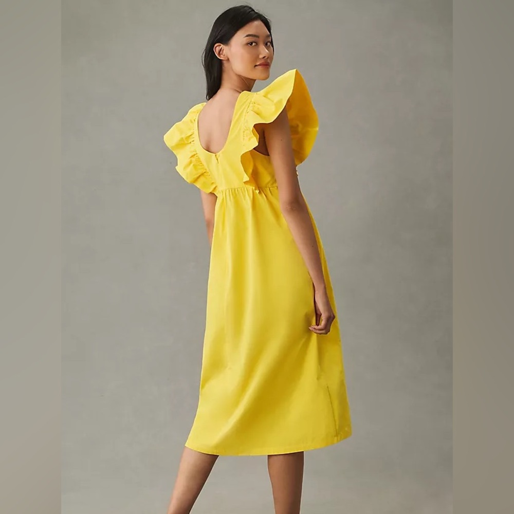 MAEVE ANTHROPOLOGIE Flutter-Sleeve Babydoll Midi Dress Yellow V Neck Casual Sz S - Picture 2 of 10